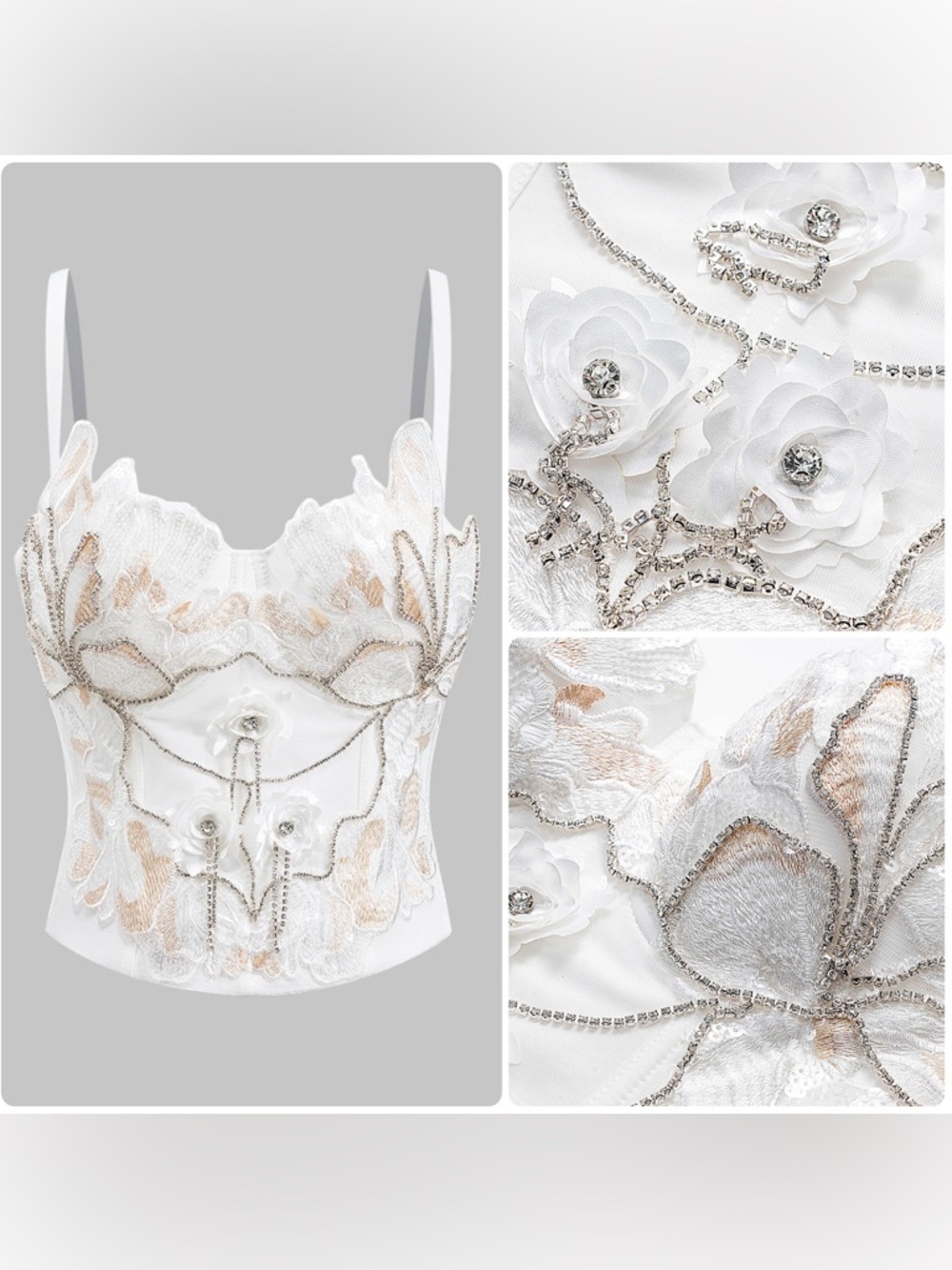 Micas Bustier Embroidery Rhinestone White Floral Lace Cami Crop Top NWT
